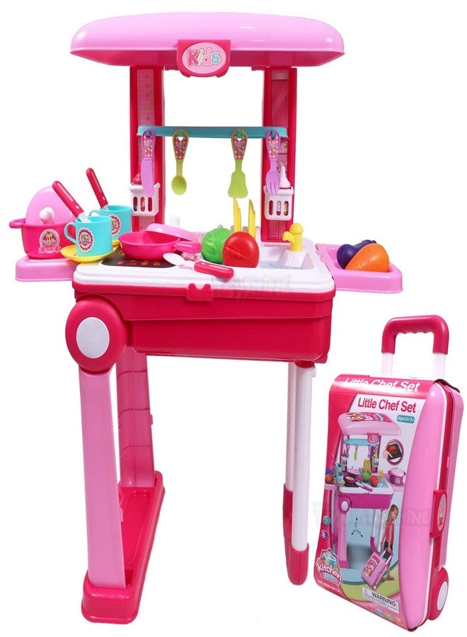 Kitmeer 2 in1 Little Chef Trolley Kitchen Play Toy Set for Girls with Music & Light for Kids. (Pink)